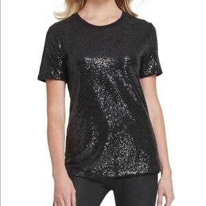 DKNY sequin top, size S, black, fully sequined. Short sleeves. New with tags.
